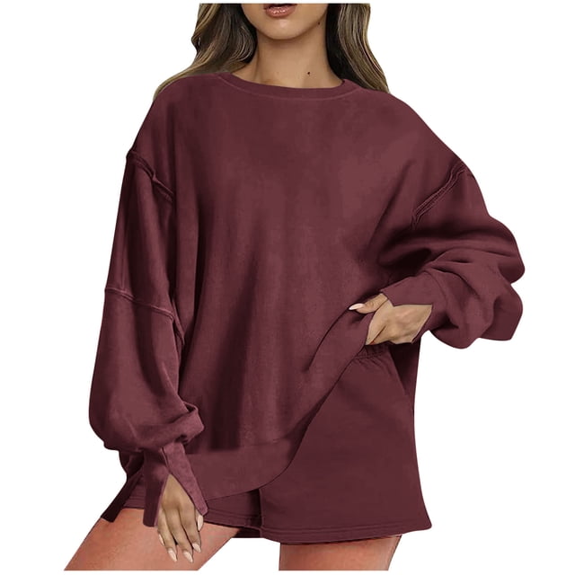 MeetoTime Ensemble Deux Pièces Automne pour Femmes Chandail en Molleton à Col Rond et Shorts Surdimensionnés