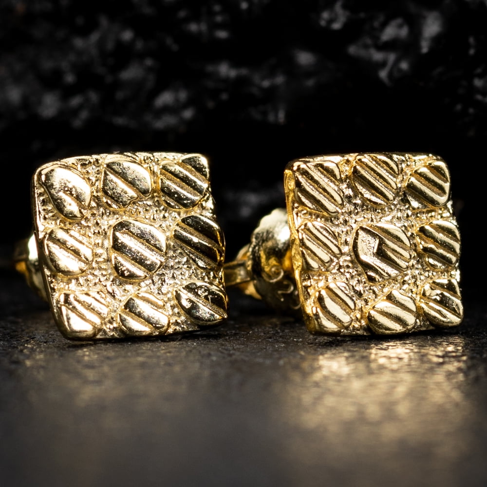 Square Shape 14K Yellow Gold Plated 925 Sterling Silver Screw Back Post Diamond Cut Retro 90's Hip Hop 9.5mm Solid Gold Textured Nugget Stud Earrings