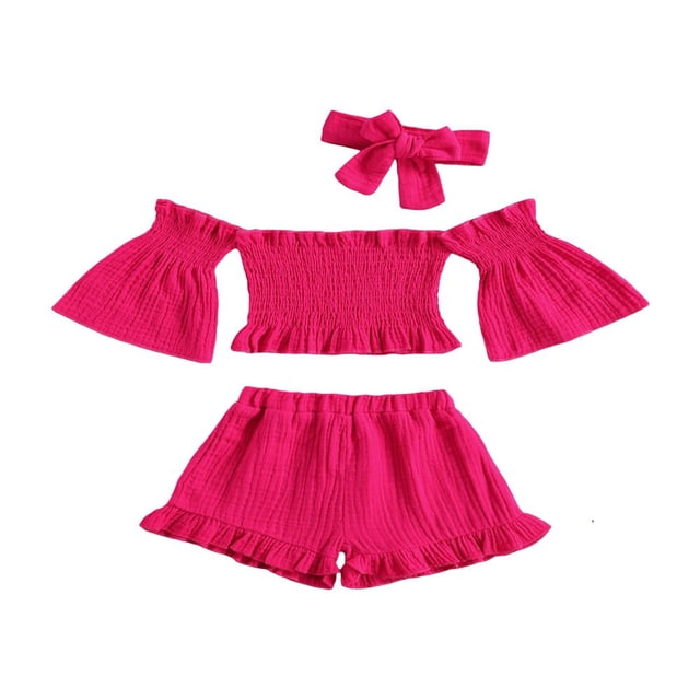 3 Pcs Infant Outfits Baby Girls Off Shoulder Flare Sleeves Tops + Ruffle Shorts + Bowknot Headband