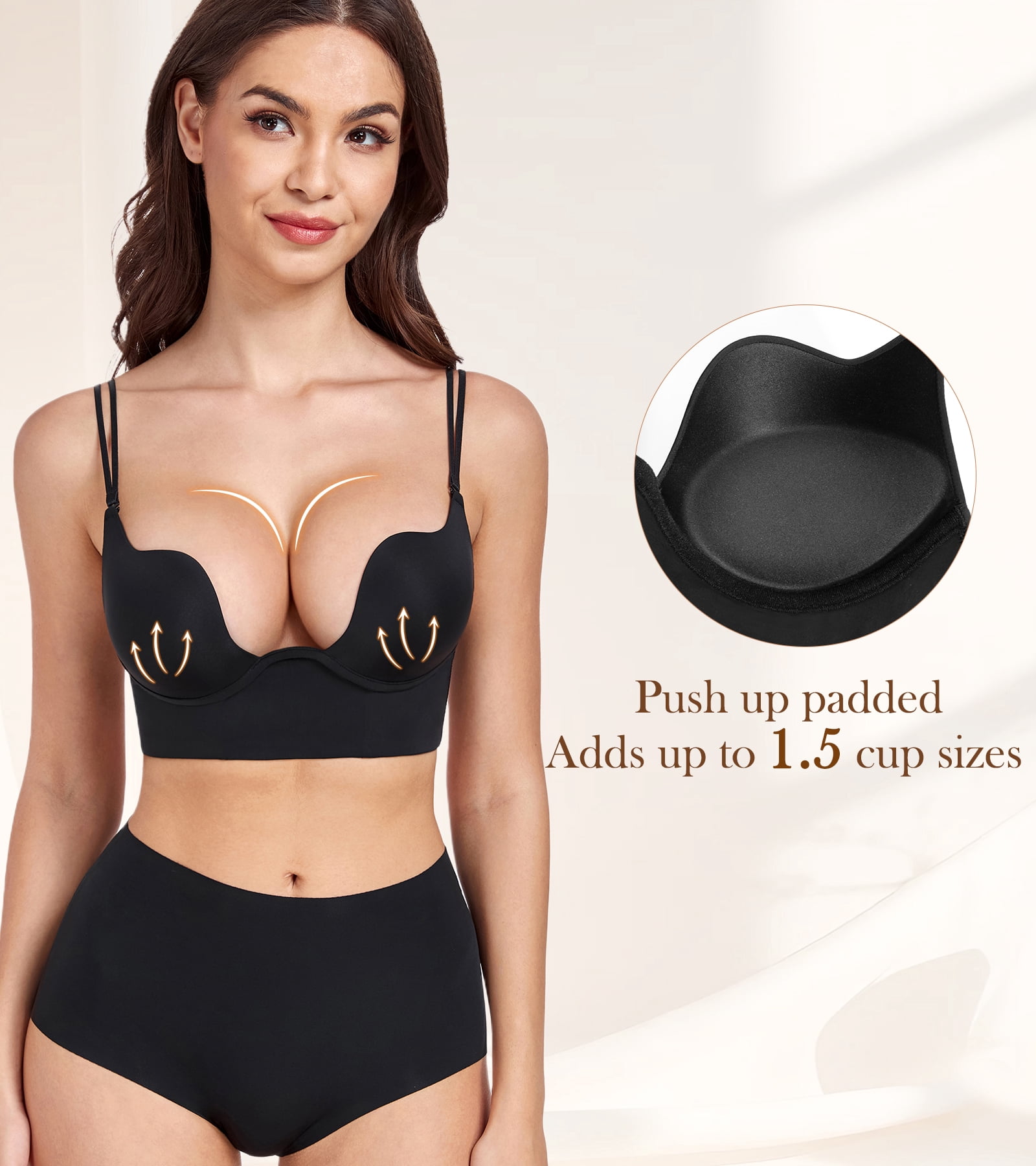 Exerin Women's Plunge Backless Bra Underwire Push Up Padded Multiway Low Back Bras(34A,Black)