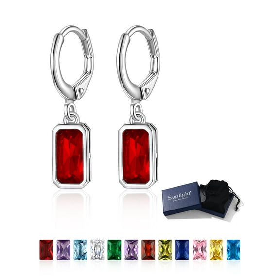 Suplight 925 Sterling Silver Emerald Cut Birthstone Hoop Dangle Earrings, Women Cubic Zirconia Crystal Drop Earrings