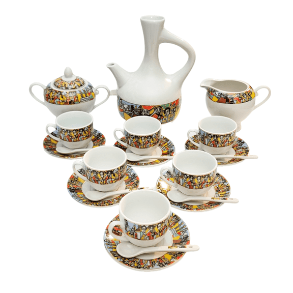 Etege Ethiopia- 41 pcs Ethiopian/Eritrean Coffee Set, Queen of Sheba Design. Comes with Jebena (Coffee Pot),12 cups, 12 saucers, 12 spoons, Milk Cup and Sugar Cup.