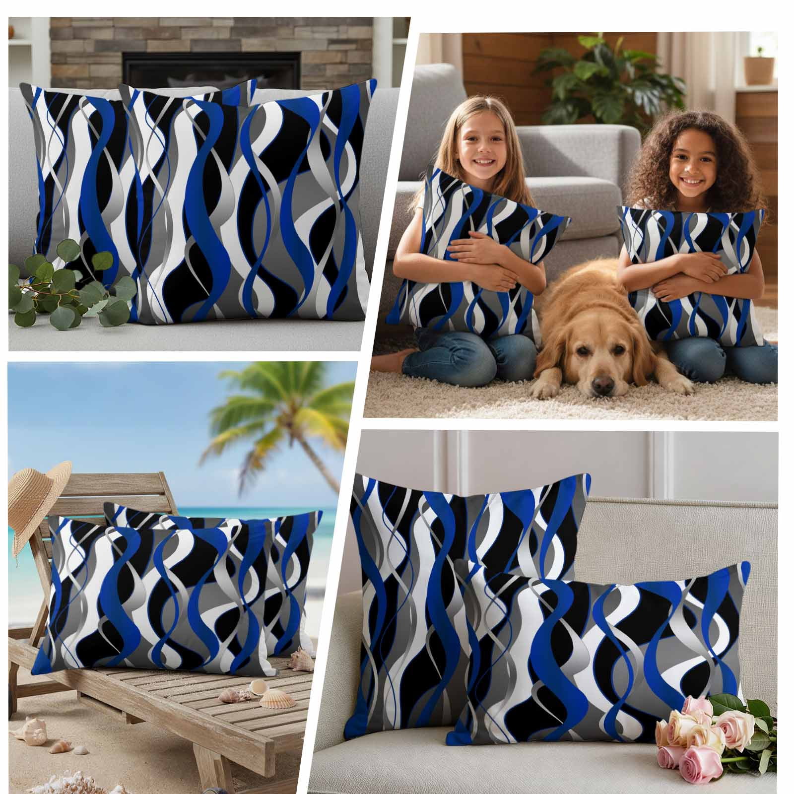 Blue Black Stripes Outdoor Waterproof Pillow Covers, Modern Abstract Ombre Grey White Lines Decorative Rectangle Throw Pillowcase Sofa Cushion Sham for Patio/Couch/Chair, 20"x12" 2 Pack