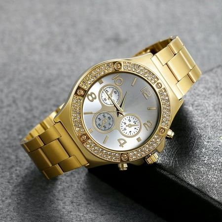 Double Bracelet Watch Luxury Quartz Watches Bling Double Daul Rhinestone Bezel Gold Tone Wrist Watch (Gold) ()