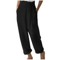 thumbnail image 2 of Usmixi Womens Loose Straight Leg Pants Casual Solid High Waist Plus Size Trousers Comfy Breathable Cotton Linen Leisure Wear Belt Long Pants with Pocket Black XXXL, 2 of 5