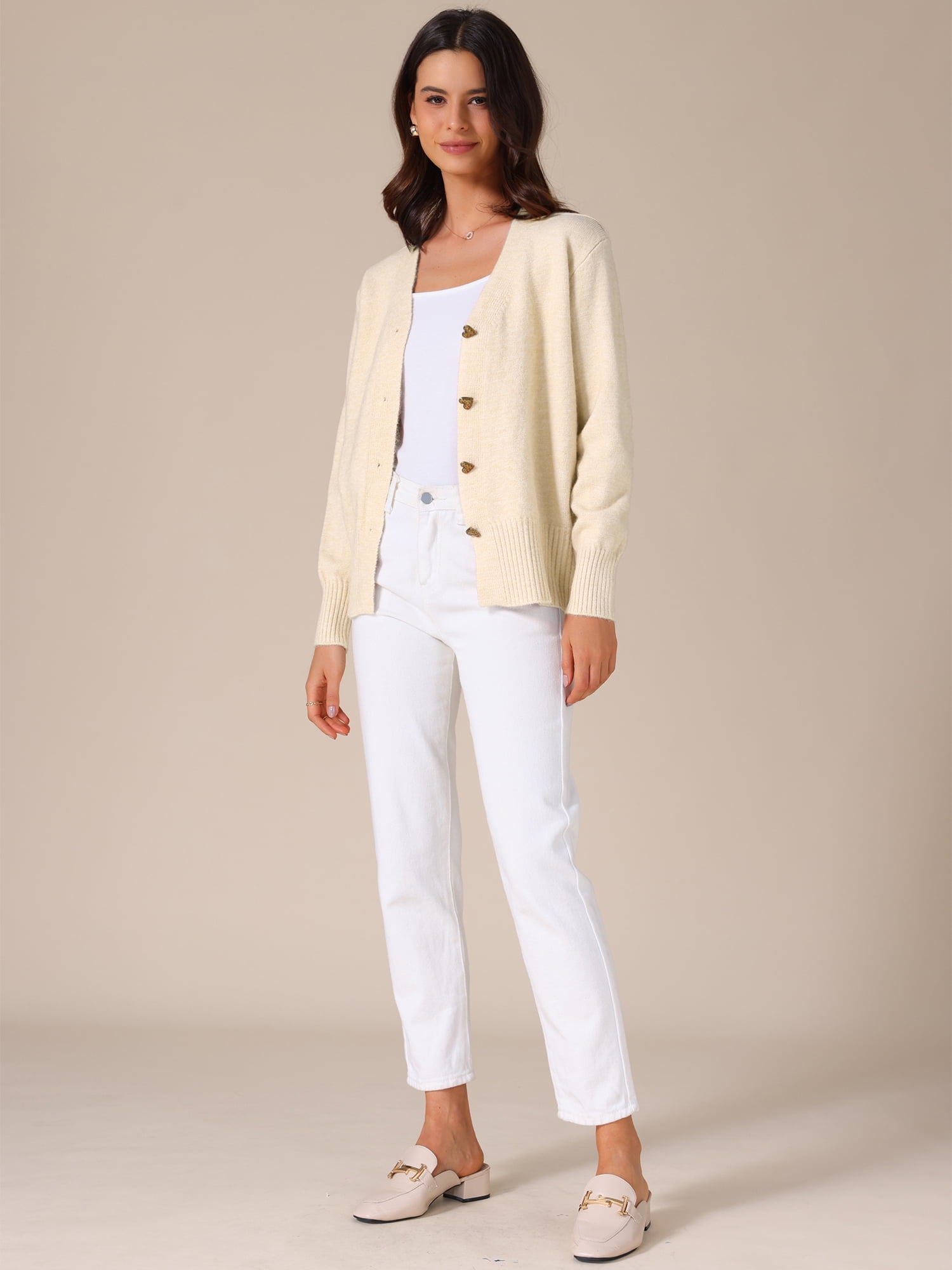 DARING DIVA Women's Knit Button Up Long Sleeve Casual Fall Cardigan M Beige