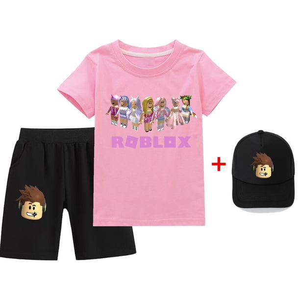 Conjunto de tres piezas de juego Roblox, periféricos, trajes casuales bidimensionales, camisetas y pantalones cortos para niños y niñas + sombreros