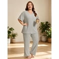 thumbnail image 3 of Homlouue Lounge Sets for Women Plus Size,2 Piece Outfit V-Neck Short Sleeve with Long Pants,Comfortable Ribbed Loungewear for Home or Outdoor(3XL,Green), 3 of 9