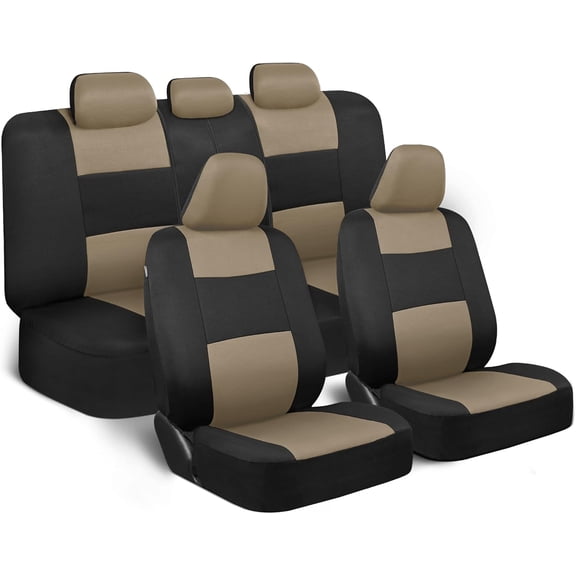 Seat Covers Full Set in Beige on Black – Front and Rear Split Bench Seat Covers for Cars, Easy to Install , Car Accessories for Auto Trucks Van SUV