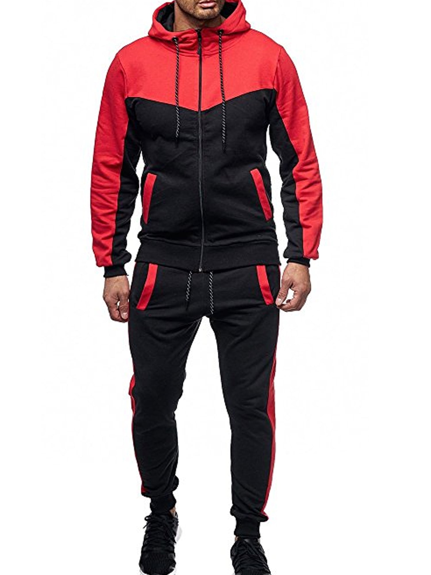 New Mens Contrast Cord Hooded Tracksuit Set Zip Top Gym Jogging Bottoms Suit 