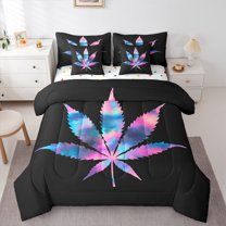 Feelyou Blue Pink Leaf Bedding Comforter Set 7-Piece for Teens, Dreamy Watercolor Plant King Bedding Sets, Cartoon Botanical Reversible Bed Sheets, Ultra Soft Home Decor