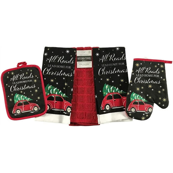 Serafina Home Holiday Christmas Kitchen Towels Pot Holders Set: All Roads Lead to Home, Vintage Car with Tree on Snow Flurry Night