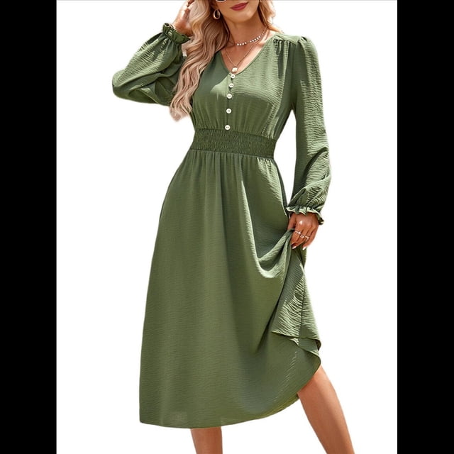 Vestido Mini de Larga con Escote en V para Mujer, Corte A, Cintura Alta, Informal, Fluido, Ideal para Invitadas A Cócteles y Bodas. Verde M