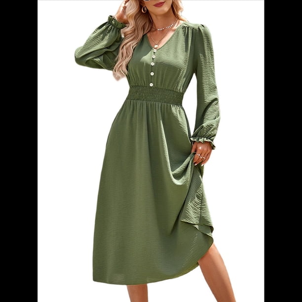 Vestido Mini de Larga con Escote en V para Mujer, Corte A, Cintura Alta, Informal, Fluido, Ideal para Invitadas A Cócteles y Bodas. Verde L