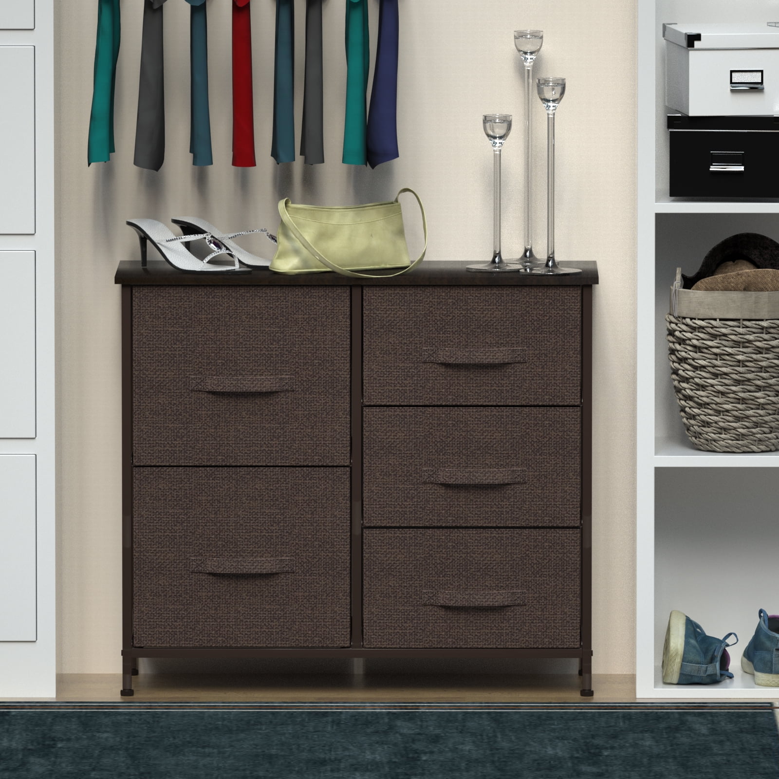 Dresser with 5 Drawers,Hengu Fabric Storage Tower, Organizer Unit for Bedroom, Living Room, Hallway, Closets & Nursery - Sturdy Steel Frame, Wooden Top & Easy Pull Fabric Bins,Brown