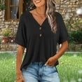 thumbnail image 2 of CheerKidz Women's V-Neck Button Casual T-Shirt Loose Elastic Comfortable Top with Fashionable Non-Print Design for Spring and Summer(Black,M), 2 of 5