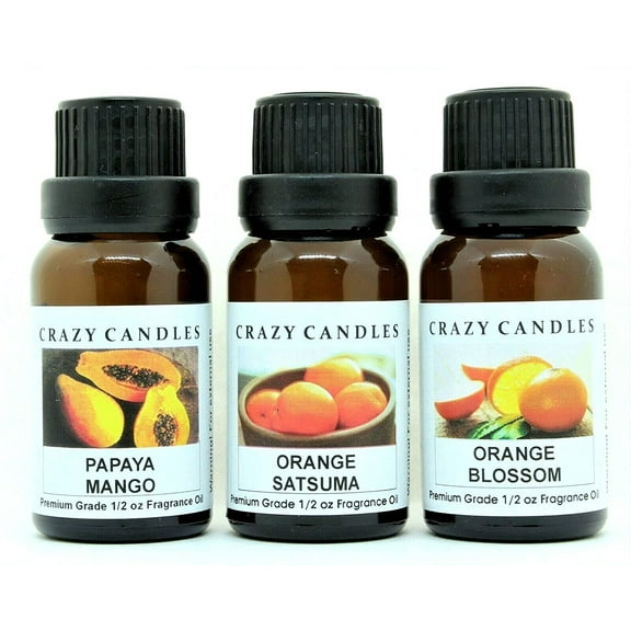 Crazy Candles 3 Bottles Set, 1 Papaya Mango, 1 Orange Satsuma, 1 Orange Blossom 1/2 Fl Oz Each (15ml) Premium Grade Scented Fragrance Oils