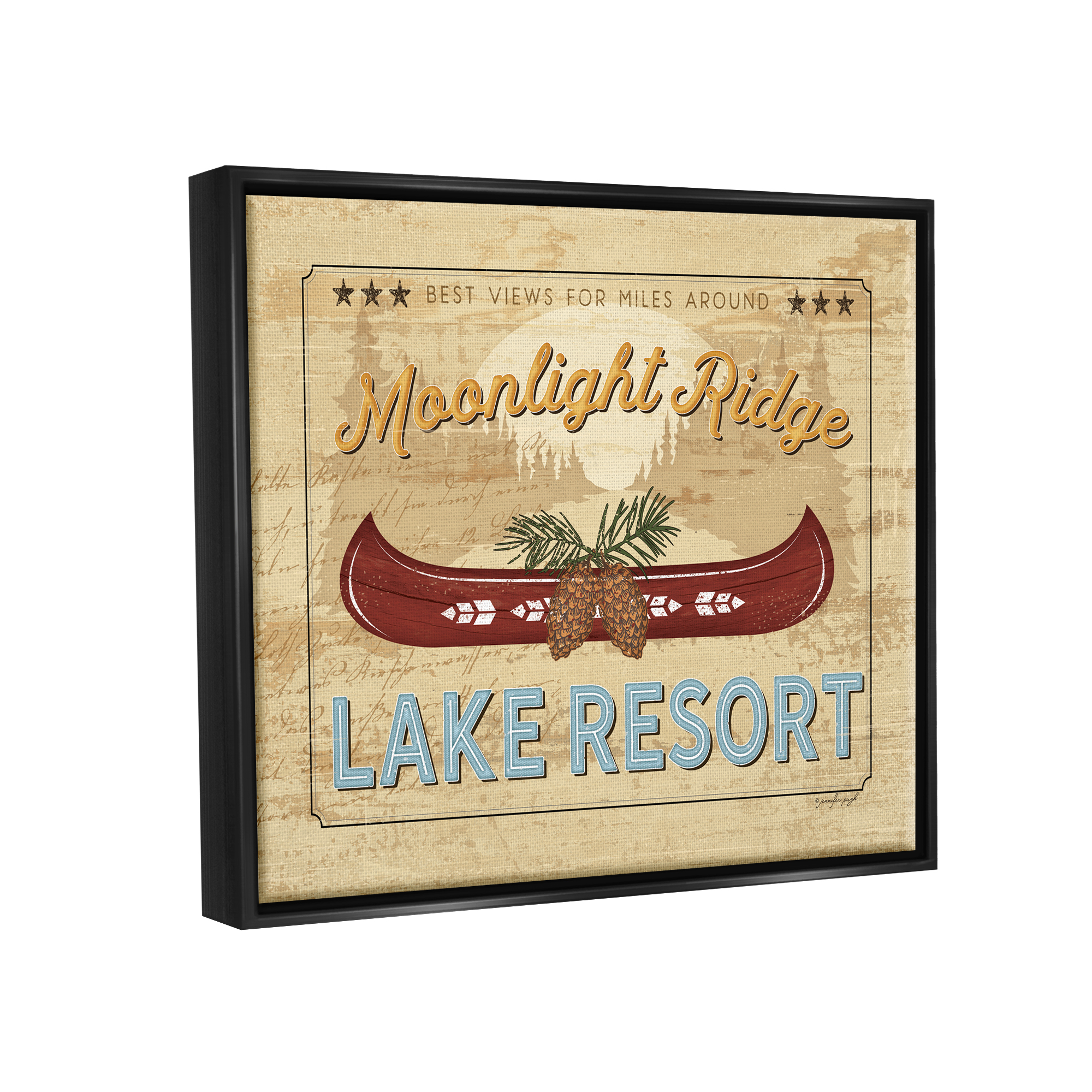 Stupell Moonlight Ridge Lake Resort Canoe Landscape Painting Black Floater Framed Art Print Wall Art