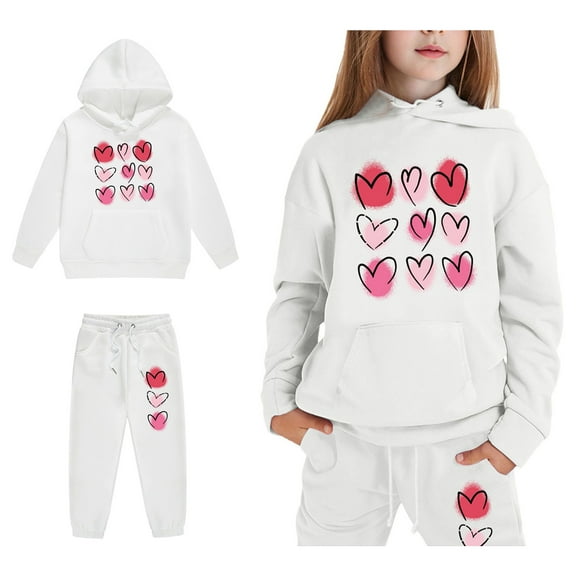 LIUYUNNN Toddler Kids Sweatsuit Set for Girls 2 Piece Long Sleeve Pullover White Heart Hoodie Sweatshirt Sweatpants Winter Clothes Boys 2-3 Years Clothes Boys Girls Autumn and Winter Outfits
