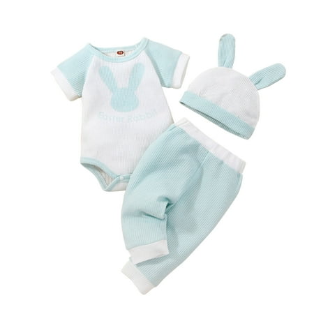 

QWERTYU Newborn Infant Baby Toddler Girl Boy 3PCS Short Sleeve Outfit Bodysuit and Pants Set Summer Clothing Set with Hat Blue