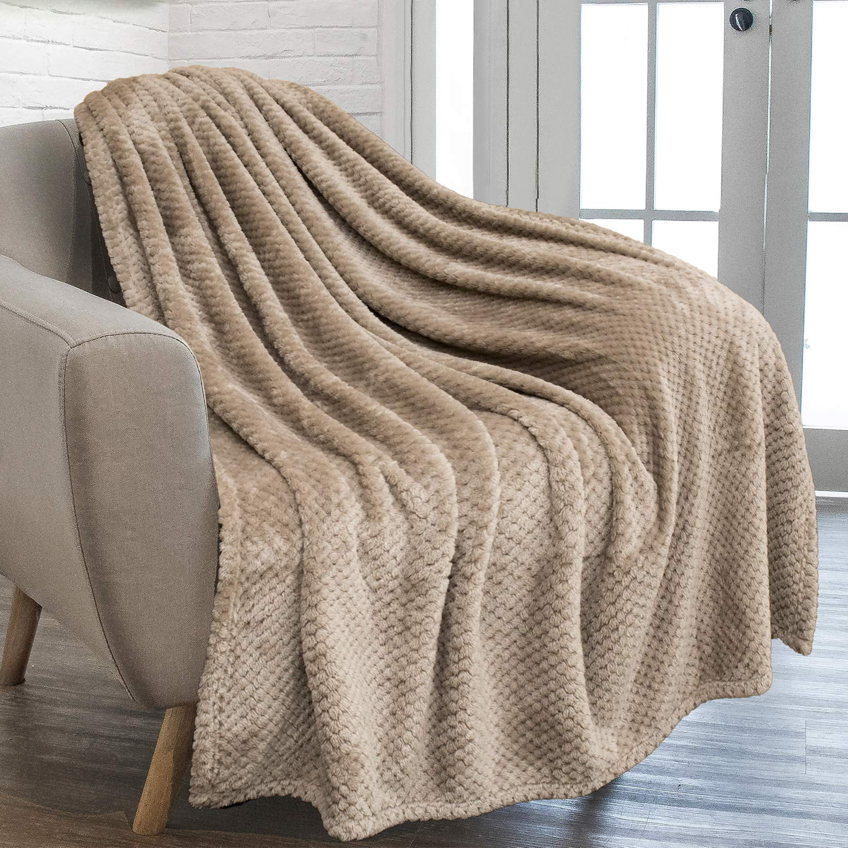 PAVILIA Waffle Textured Fleece Throw Blanket for Couch Sofa Tan Taupe Soft Plush Velvet Flannel Blanket for Living Room Fuzzy Lightweight