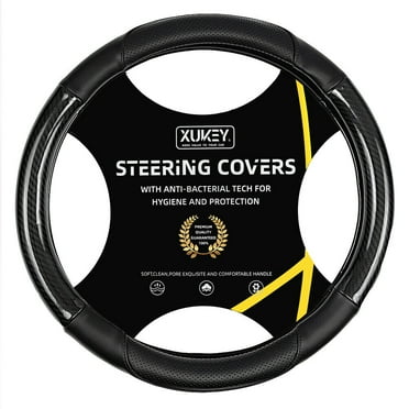 XUKEY Car Steering Wheel Cover Black Carbon Fiber Leather Breathable Anti Slip 15'' 14.5'' Universal