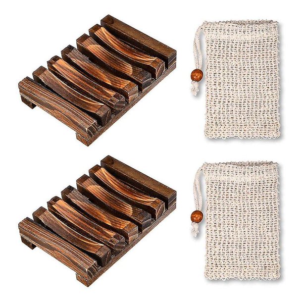 2 jaboneras de madera para ducha, 2 bolsas de jabón, caja de jabón de bambú natural, bolsa de jabón orgánico con cordón, evita residuos de jabón en el estante del fregadero