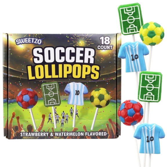 Soccer Themed Lollipops, Sports Party Favors, Candy Pops, Birthday Goodie Bag Fillers, Team Treats, 18 Count, 10 Ounces