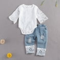 thumbnail image 3 of Baby Toddler Girls Summer Clothes Set 3 6 12 18 24 Months Lace Hollow Out Long Sleeve Romper + Ripped Patchwork Jeans Infant Cute 2Pcs Outfits, 3 of 8