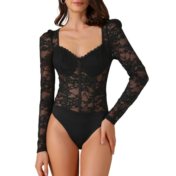 INSPIRE CHIC Women's Corset Sheer Design Long Sleeve Versatile Lace Bodysuit S Black