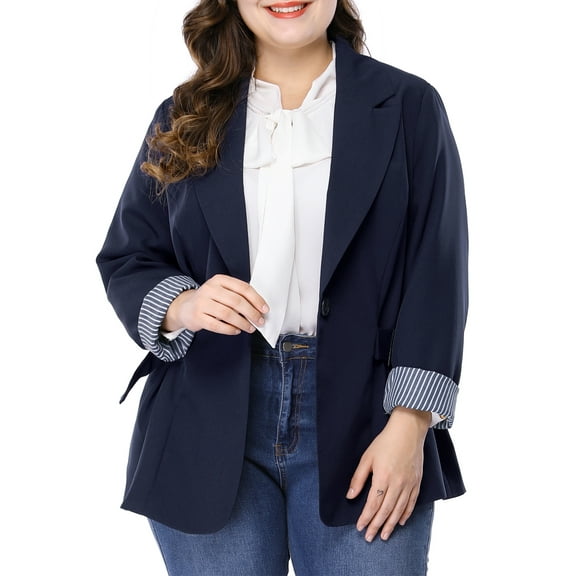 Agnes Orinda Women's Plus Size Stripe Cuff Notched Lapel Casual Blazer