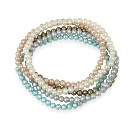 Peach Cultured Pearl Set 4-4.5mm White, Peach, Gray, Bronze, Teal Freshwater Cultured Pearls Stretch Bracelets, Set of 5 ()