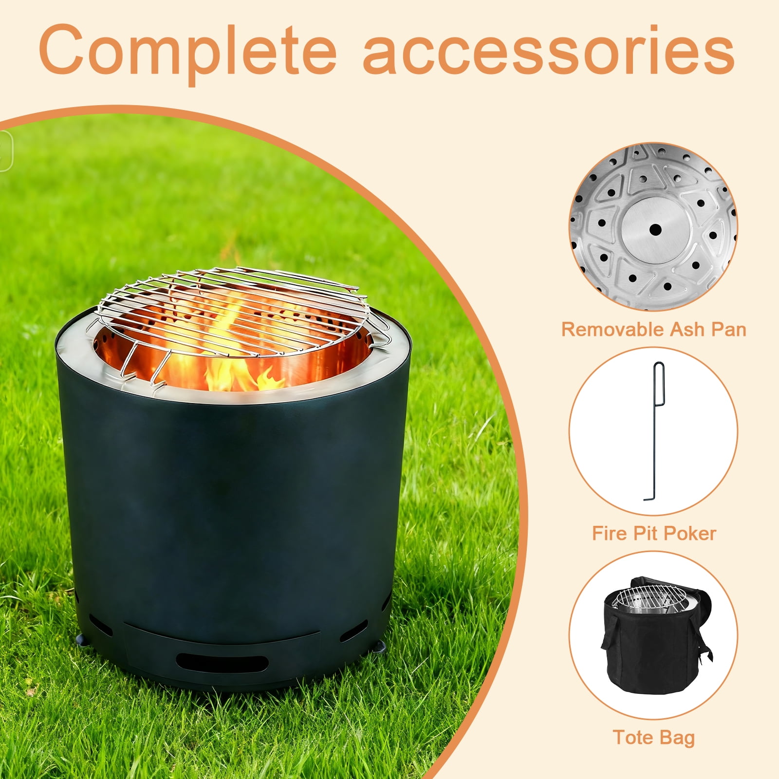 PATIO-IN 15 Inch Smokeless Fire Pit, Black Smokeless Firepit Outdoor with Carry Bag, Portable Outdoor Camping Fire Bowl for Patio Backyard Garden