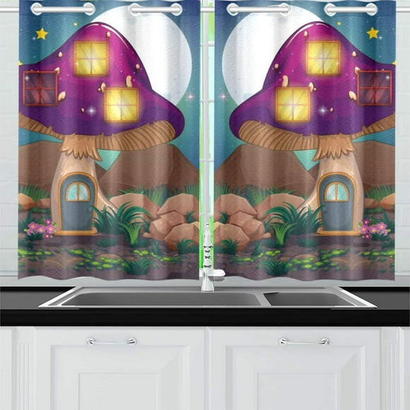 YUSDECOR Mushroom House Window Curtain Kitchen Curtain 26x39 inch,Two Piece