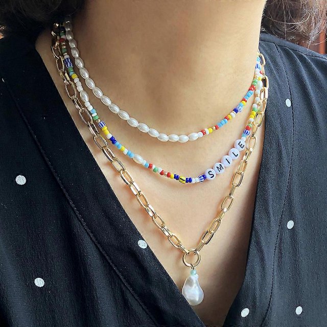Collar de cuentas de arroz de metal estilo bohemio, cadena de clavícula de perlas con alfabeto de nicho retro para mujer, conjunto de 3 piezas