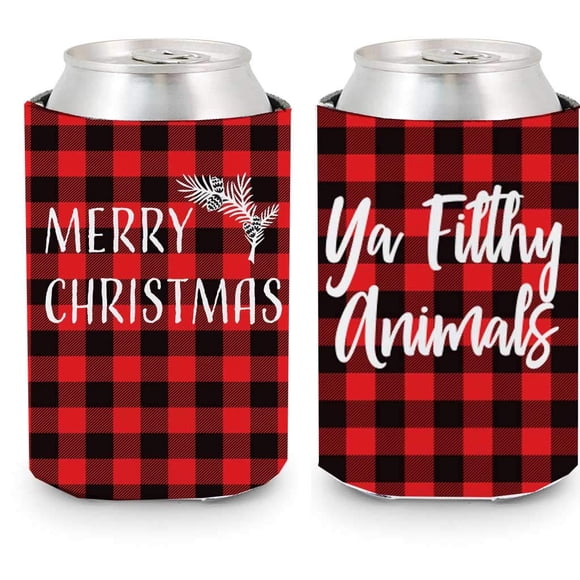 VictoryStore Can Beverage Cooler: Buffalo Plaid Merry Christmas Ya Filthy Animals Can Coolers, Set of 6,