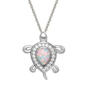 Sterling Silver Cubic Zirconia and Created Opal Turtle Pendant, 18" Chain