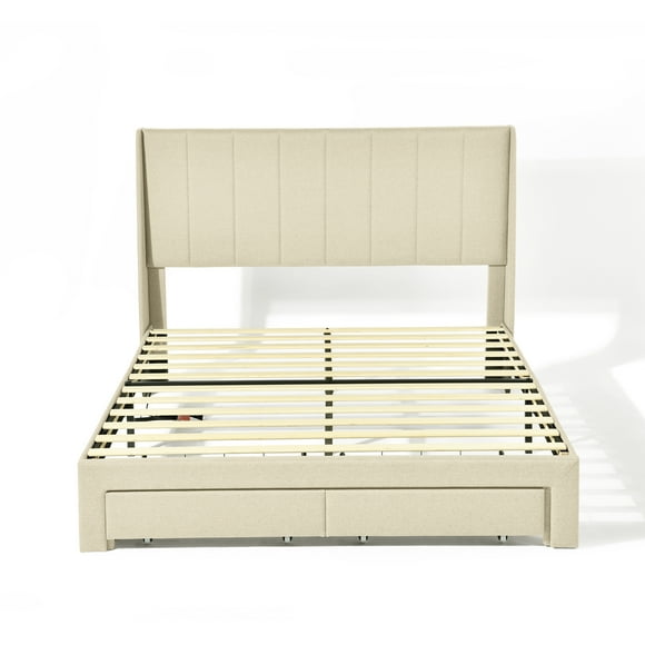 Homy Casa Cadre de Lit Rembourré avec Rangement pour Chambre, Lit Grand, Beige