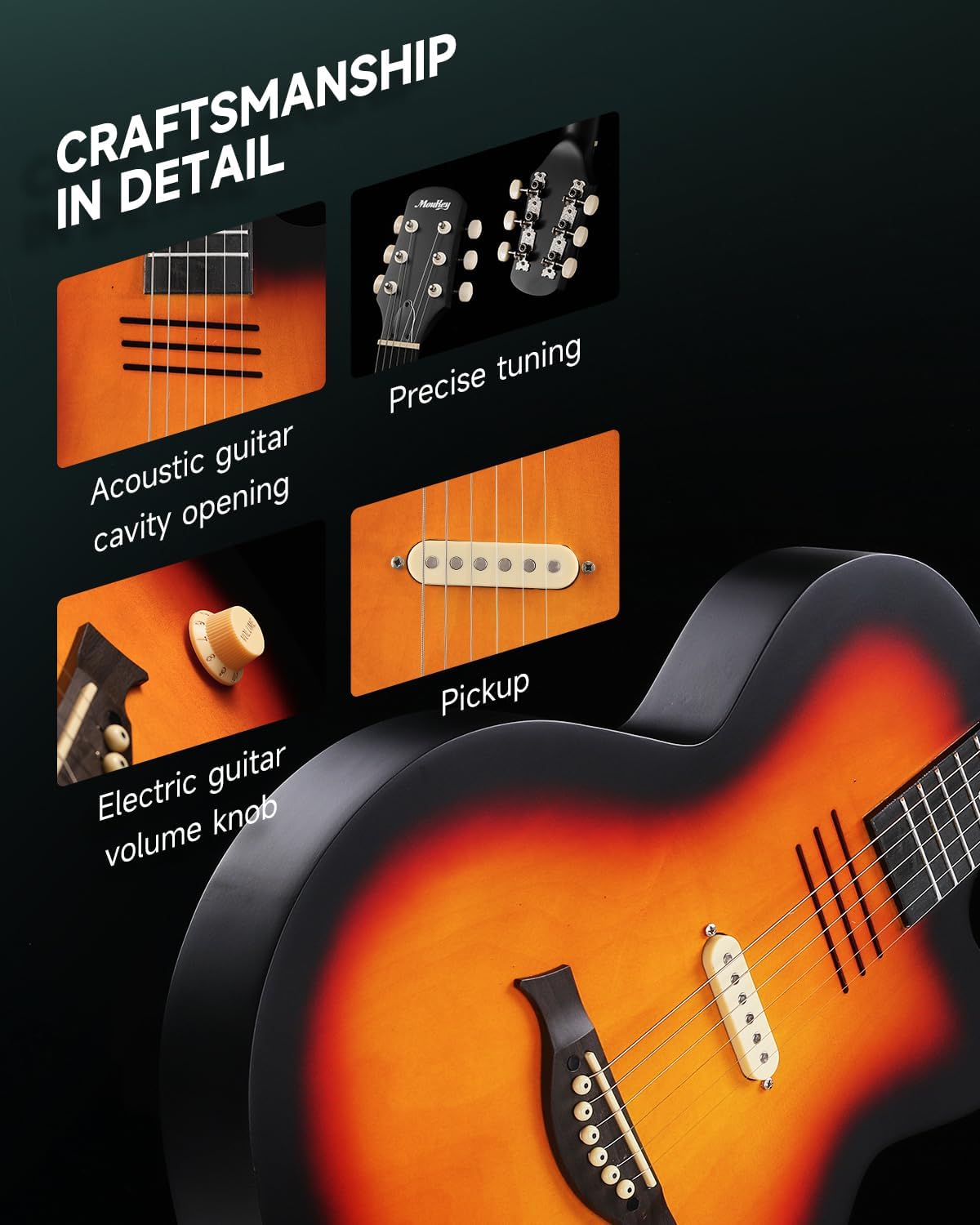 Moukey Acoustic Electric Guitar 39-Inch, Cutaway Guitar with Passive Pickup, Gig Bag, Strap, Picks, Tuner, and Capo, Dual Acoustic＆Electric Modes, Sunburst