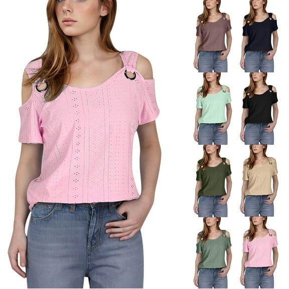 Inverlee Blouses for Women Dressy Casual Short Sleeve Tops Eyelet Hollow Out Casual Loose Fit Solid Color Shirts Comfy Elegant Tunic Top Summer Fashion