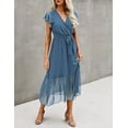 thumbnail image 4 of FreshPrettyWomen Summer Bohemian Floral Casual Wrap V Neck Ruffle Cap Sleeveless Belt A-Line Pleated Hem Midi Sun Dress White, 4 of 6