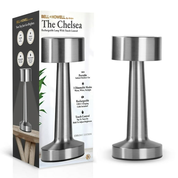 Bell + Howell Chelsea Table Lamp Small Cordless Touch LED Rechargeable Lamp for Bedside Desk Nightstand Silver