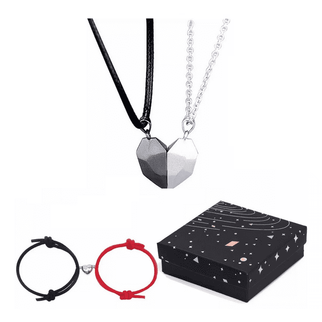 Corazón Magnético Amor, 2 Pulseras Pareja De Imán+2 Collar 45 cm Negro/Rojo