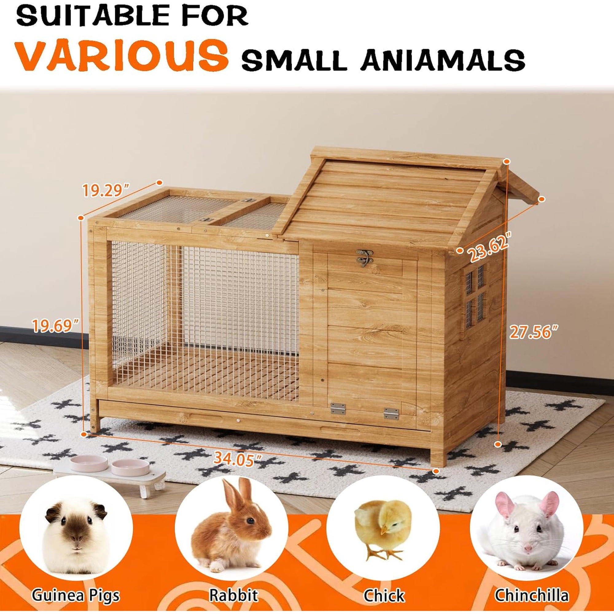 Natural Oak Wooden Rabbit Hutch Indoor and Outdoor, Rabbit Cage with Removable Wire Netting, Weatherproof Bunny Cage with Anti-Chew Metal Frame Ramp for Small Animals