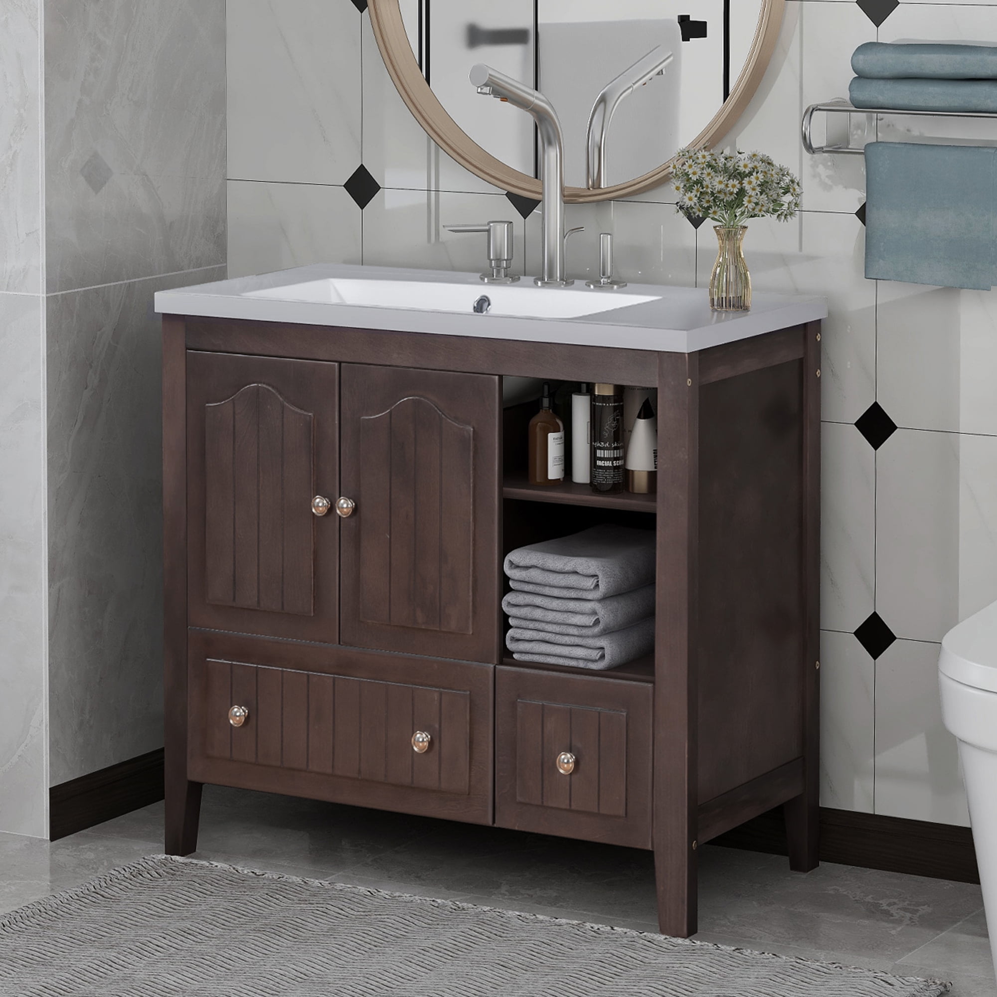 churanty 36" bathroom vanity with ceramic basin, bathroom storage cabinet  with two doors and drawers, solid frame, metal handles, brown