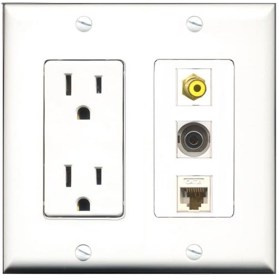 RiteAV - 15 Amp Power Outlet 1 Port RCA Yellow 1 Port 3.5mm 1 Port Cat6 Ethernet Ethernet White Decorative Wall Plate