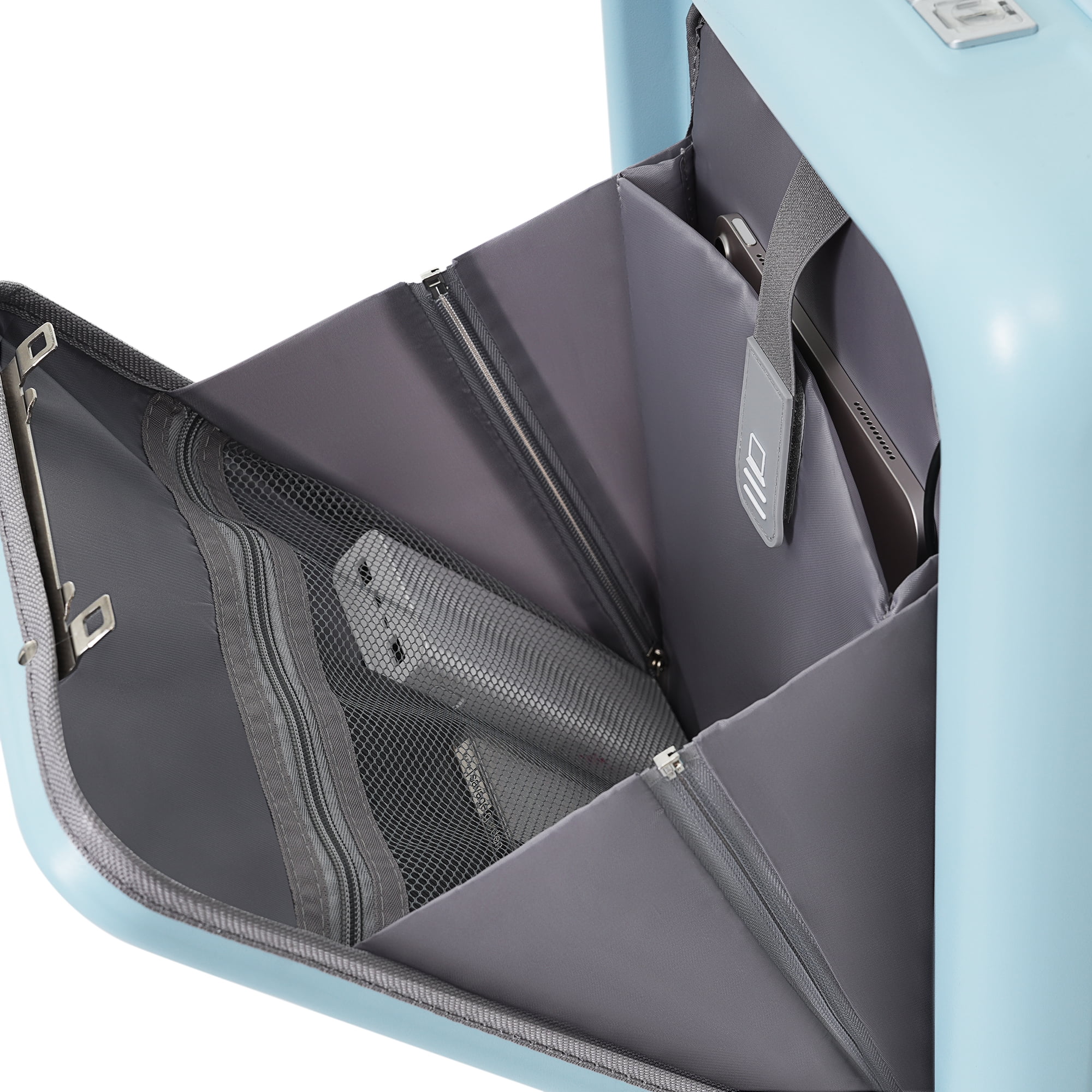 LoLado Luggage Set of 3, 20/24/28" Suitcase with USB Port and Cup Holder, 20/24" with Front Opening Design, ABS Hard Shell Travel Luggage Set with Spinner Wheels, Light Blue