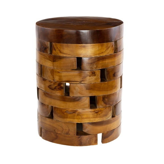 DecMode Brown Contemporary Round Stacked Brick Style Wood Accent Table, 14"W x 18"H