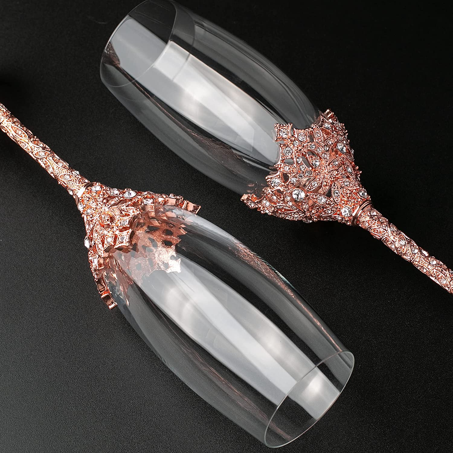Champagne Flutes - Crystal Glass Metal Base With Crystal Stones, Set of 2 Toasting Flute Pair, Wedding Anniversary Party Birthday Banquets and Gifts for Bride and Groom7oz
