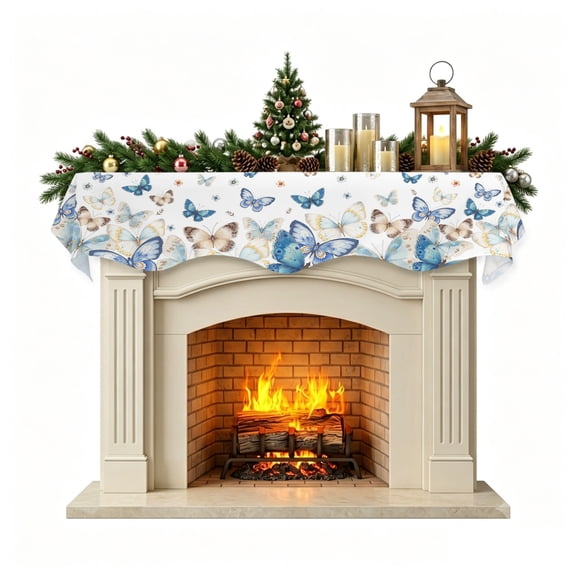 Christmas Mantle Scarf 60x17 Inch, Blue Butterfly Farmhouse Fireplace Christmas Decorations Cover Runner, Spring Pastoral Butterflies Christmas Mantel Decorations Xmas Holiday Mantel Scarves